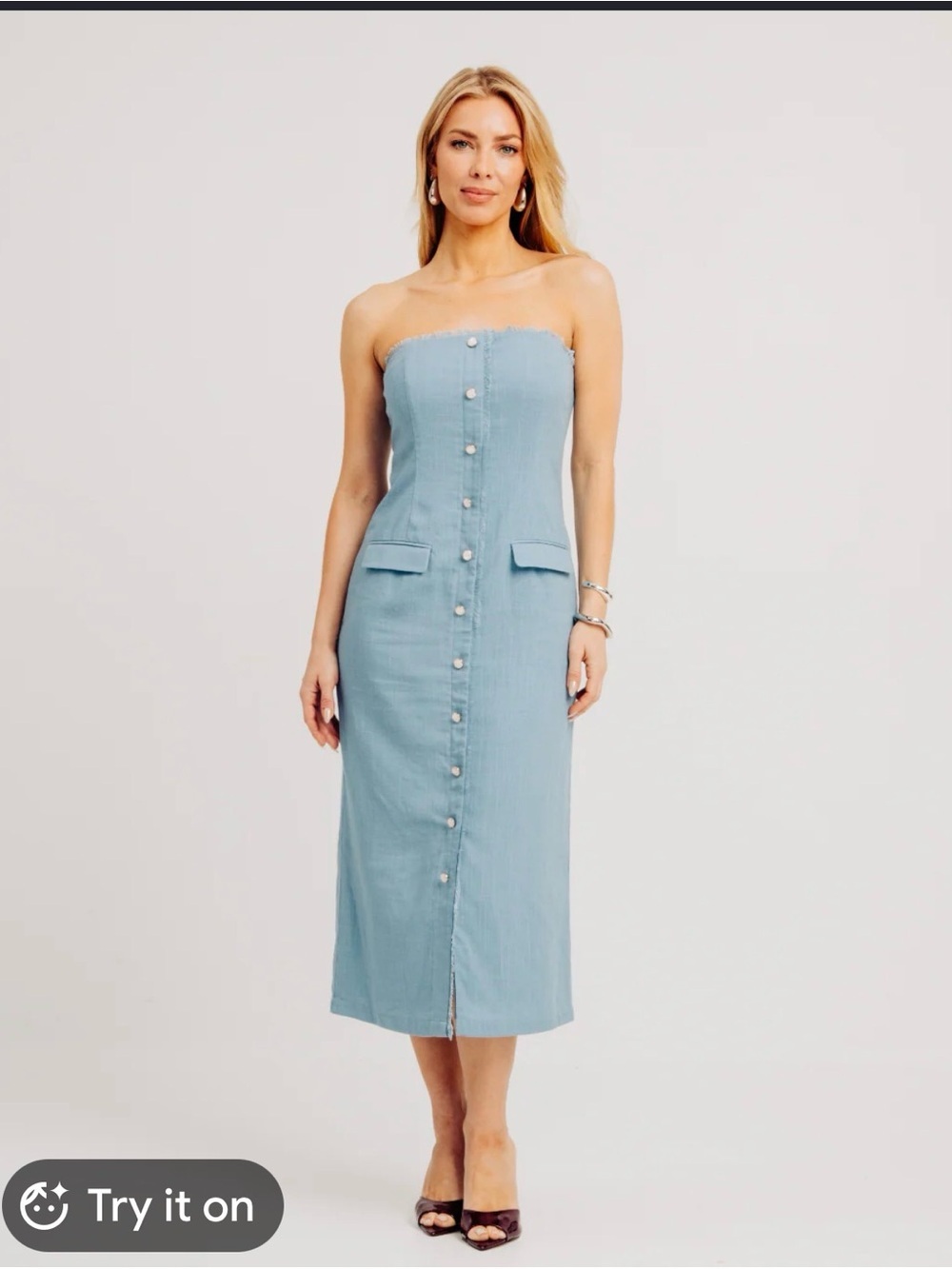 Aqua Strapless Button-Front Midi Dress in Powder Blue